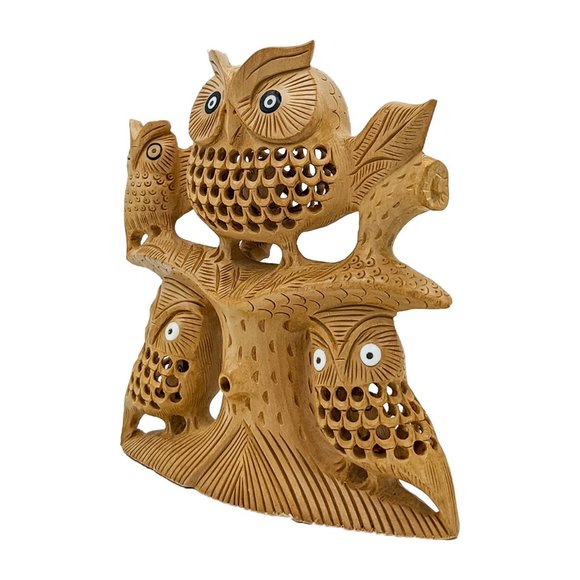Wooden Owl Family On Tree Handcrafted (6inch) - Picture 2 of 5